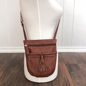 Osgoode Marley Crossbody Bag Leather Fringe Detail Exterior Zipper Pockets Brown